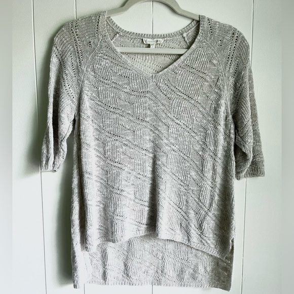 Eileen Fisher Sweaters - Eileen Fisher Cream Linen Blend Open Lace Knit 3/4 Sleeve Sweater V-neck…
